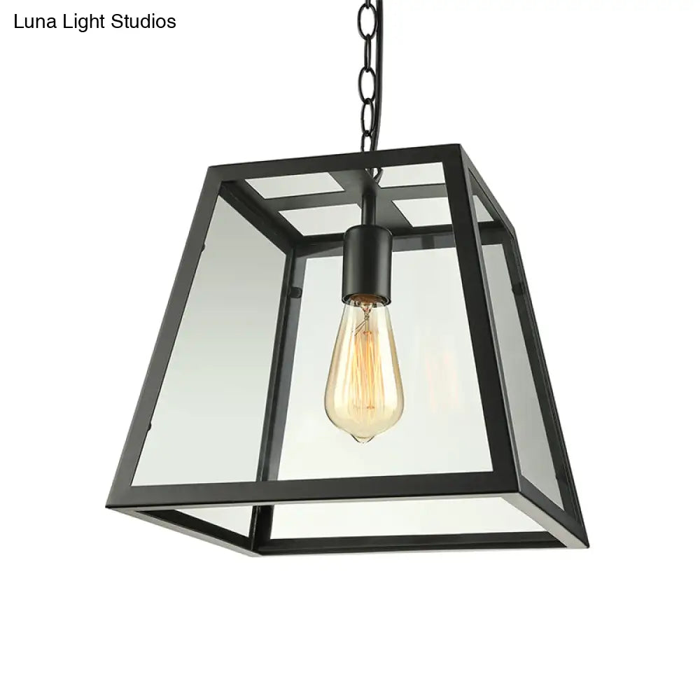 Industrial Trapezoid Pendant Light With Clear Glass & Black Finish 7’/12’ Wide