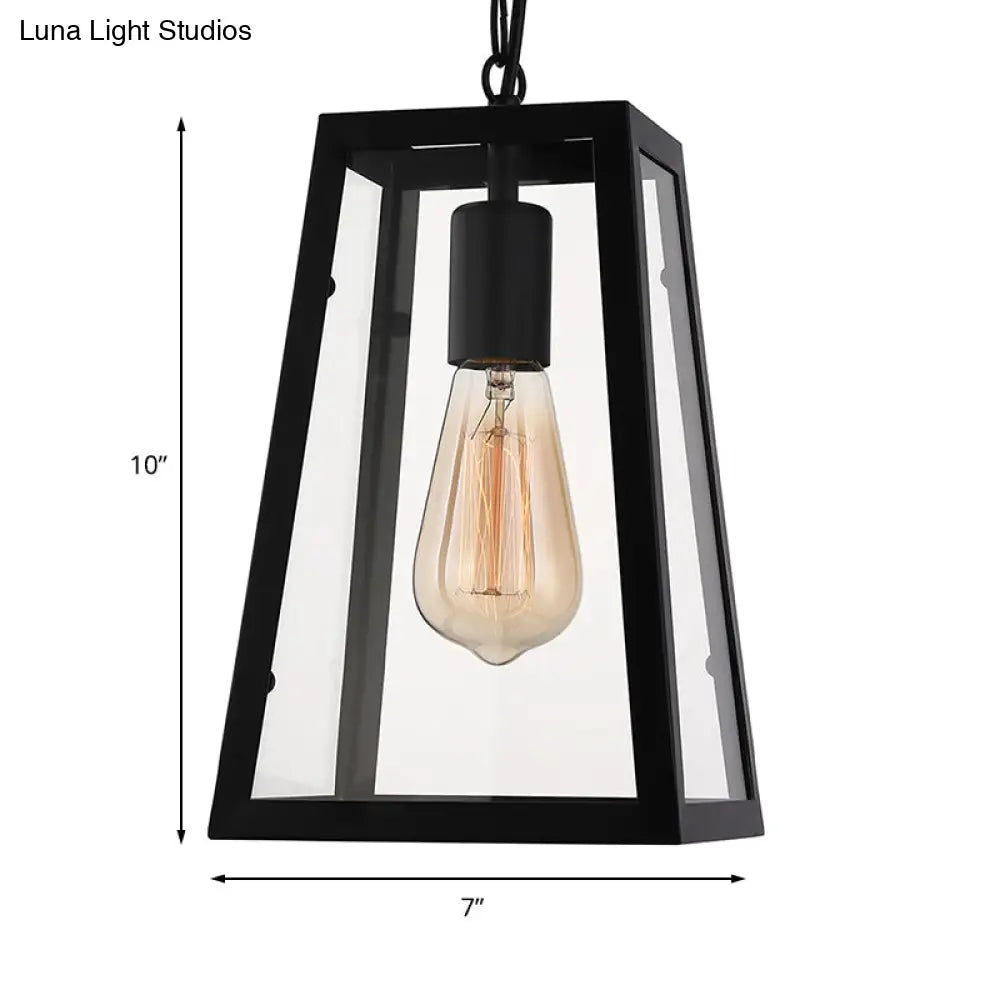 Industrial Trapezoid Pendant Light With Clear Glass & Black Finish 7’/12’ Wide