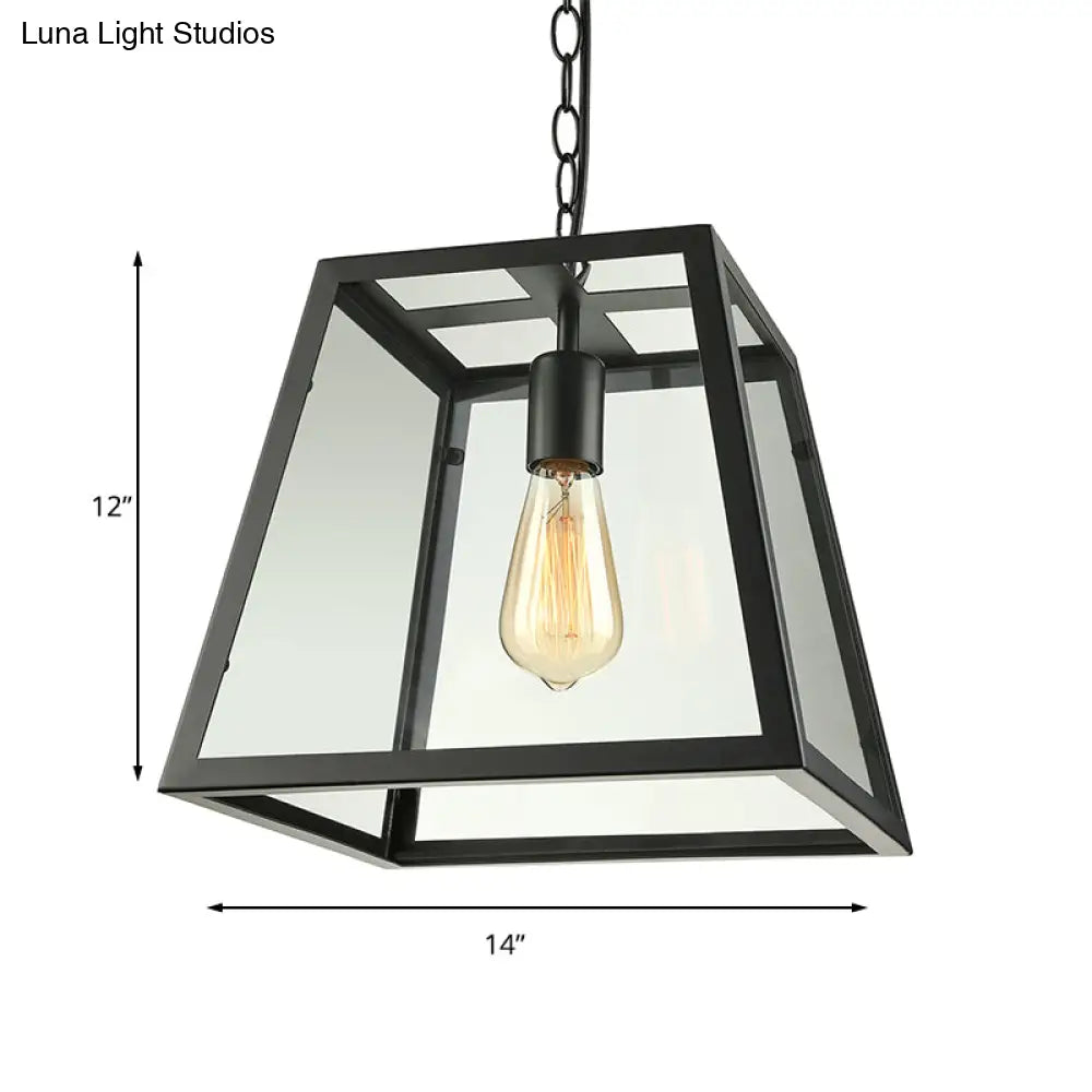 Industrial Trapezoid Pendant Light With Clear Glass & Black Finish 7’/12’ Wide