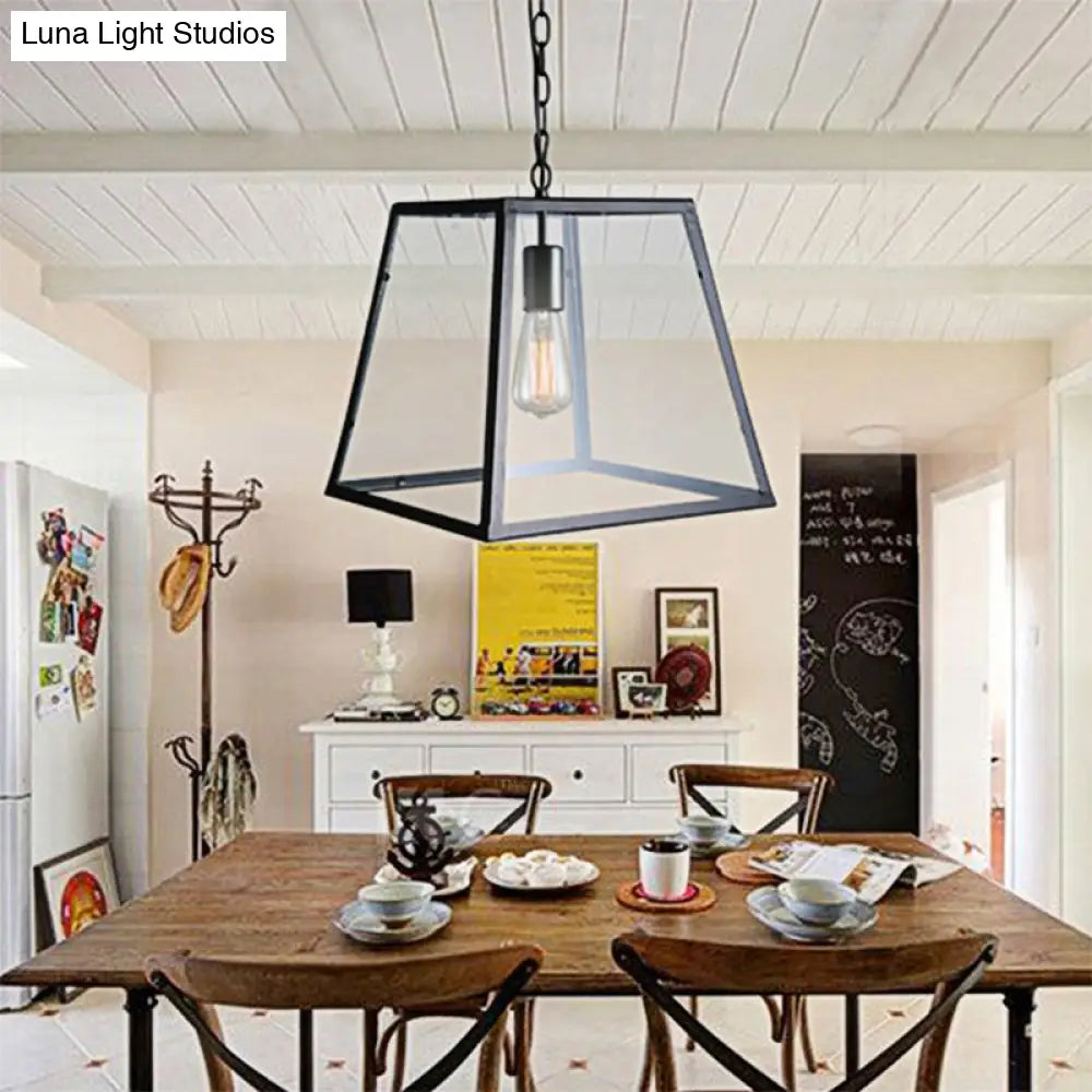 Industrial Trapezoid Pendant Light With Clear Glass & Black Finish 7’/12’ Wide