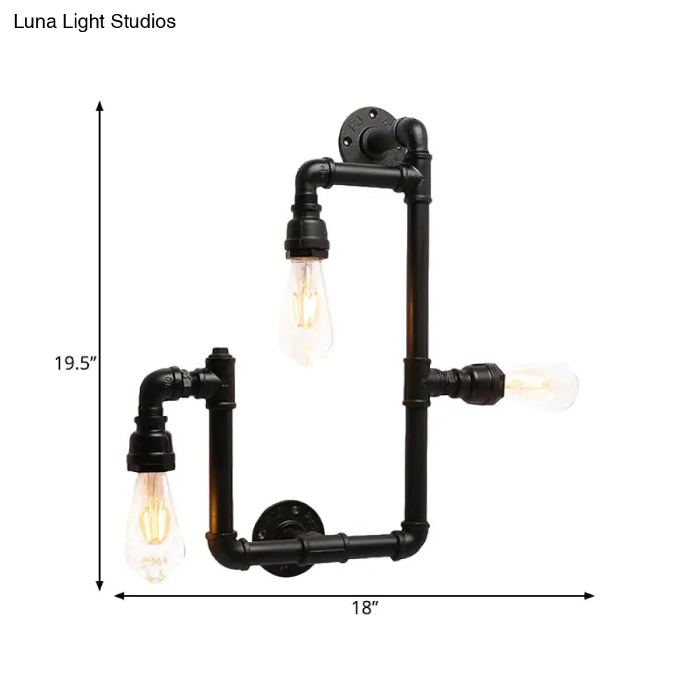 Industrial Twisted Pipe Wall Sconce - 3-Head Iron Mounted Light Fixture In Black Ideal For