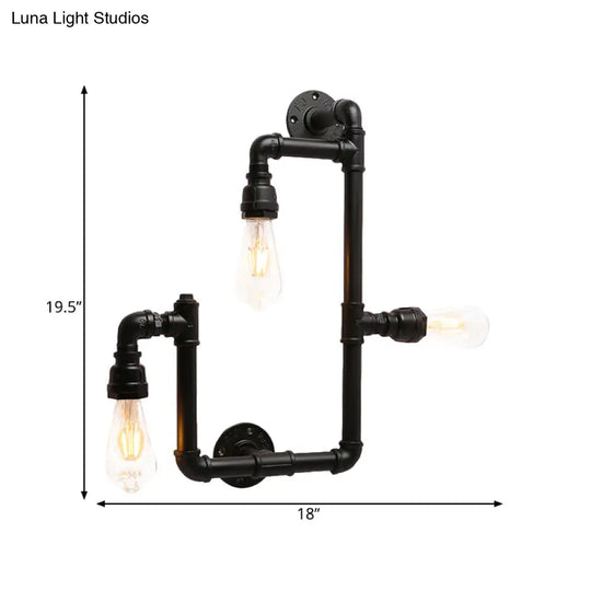 Industrial Twisted Pipe Wall Sconce - 3-Head Iron Mounted Light Fixture In Black Ideal For