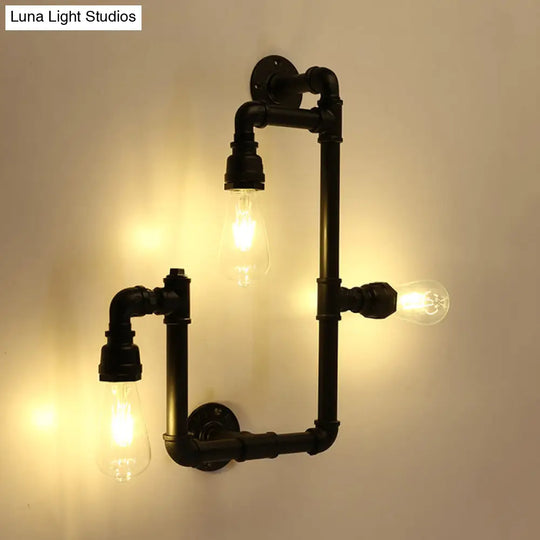 Industrial Twisted Pipe Wall Sconce - 3-Head Iron Mounted Light Fixture In Black Ideal For