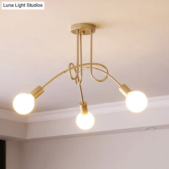 Industrial Twisted Semi Flush Mount 3-Light Ceiling Light In Brass - Metallic Finish Bare Bulb