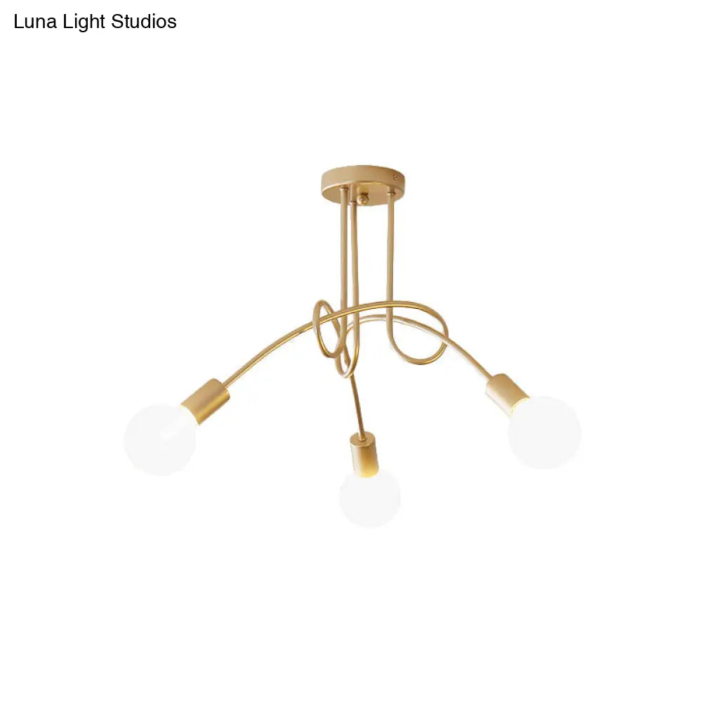 Industrial Twisted Semi Flush Mount 3-Light Ceiling Light In Brass - Metallic Finish Bare Bulb