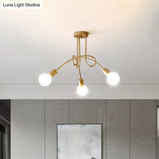 Industrial Twisted Semi Flush Mount 3 - Light Ceiling Light In Brass - Metallic Finish Bare Bulb