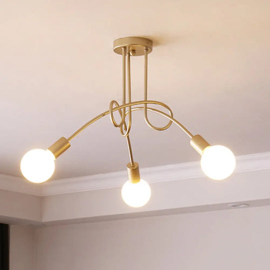 Industrial Twisted Semi Flush Mount 3 - Light Ceiling Light In Brass - Metallic Finish Bare Bulb