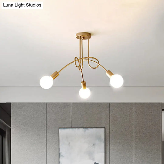 Industrial Twisted Semi Flush Mount 3-Light Ceiling Light In Brass - Metallic Finish Bare Bulb