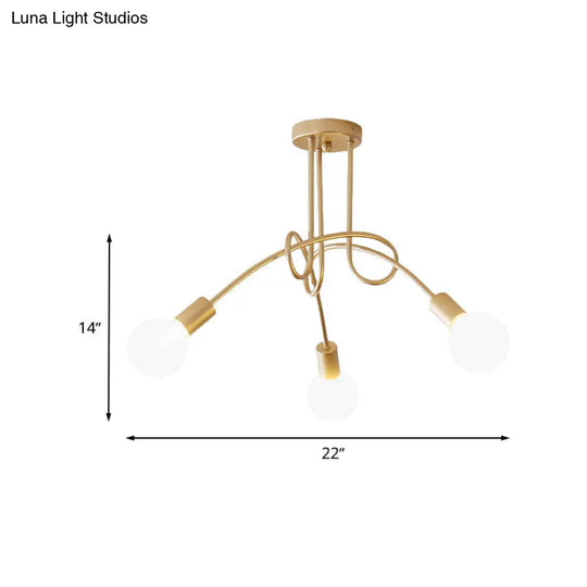 Industrial Twisted Semi Flush Mount 3-Light Ceiling Light In Brass - Metallic Finish Bare Bulb