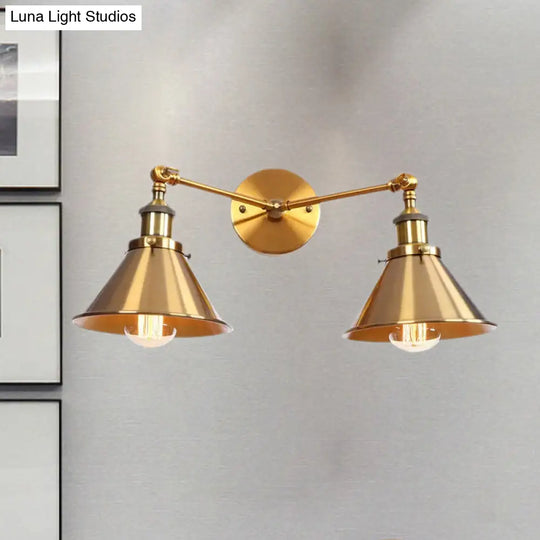 Industrial Vintage 2-Head Farmhouse Wall Mount Light In Black/Brass - Tapered Shade Iron Fixture