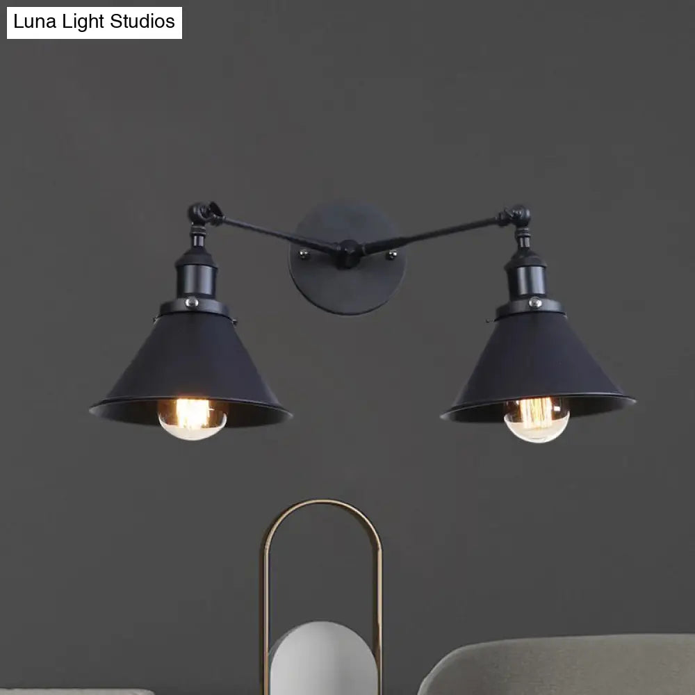 Industrial Vintage 2-Head Farmhouse Wall Mount Light In Black/Brass - Tapered Shade Iron Fixture