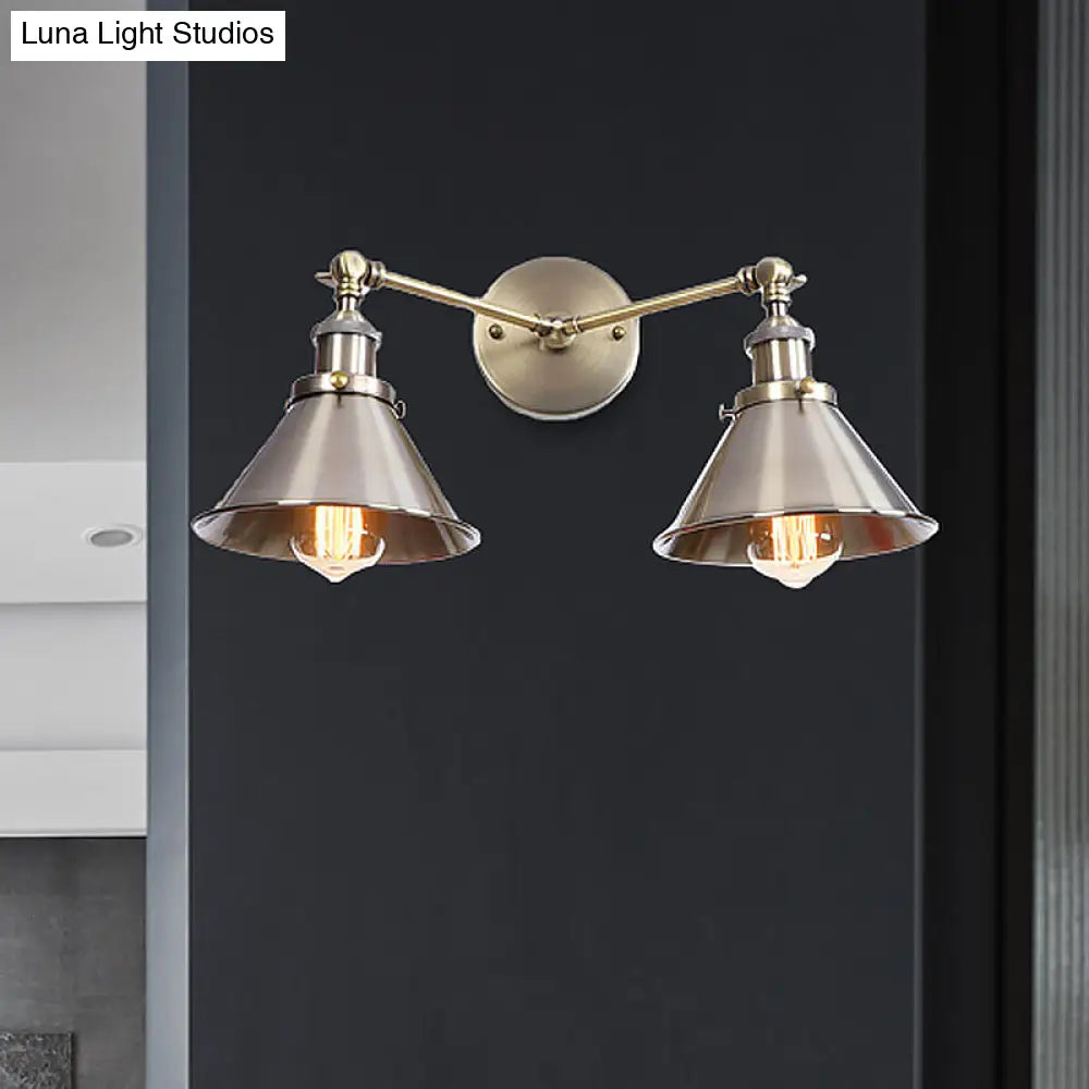 Industrial Vintage 2-Head Farmhouse Wall Mount Light In Black/Brass - Tapered Shade Iron Fixture