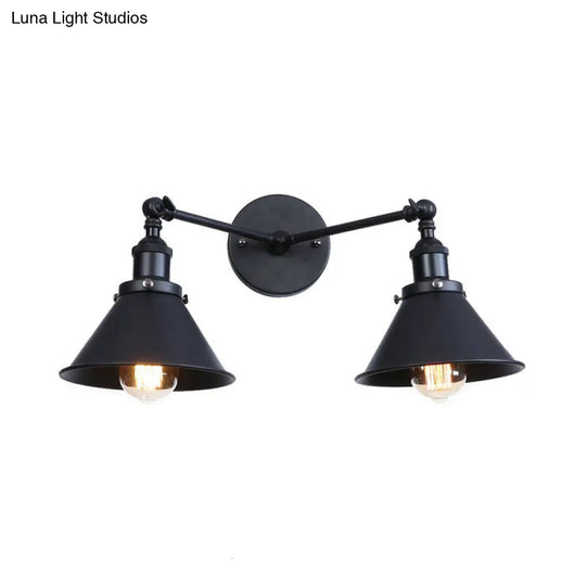 Industrial Vintage 2-Head Farmhouse Wall Mount Light In Black/Brass - Tapered Shade Iron Fixture