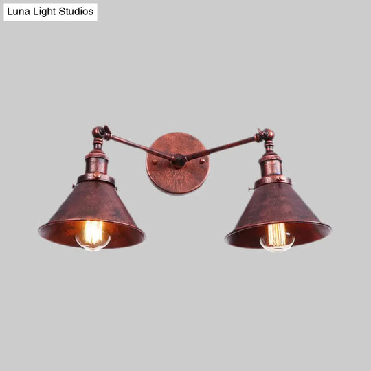 Industrial Vintage 2-Head Farmhouse Wall Mount Light In Black/Brass - Tapered Shade Iron Fixture