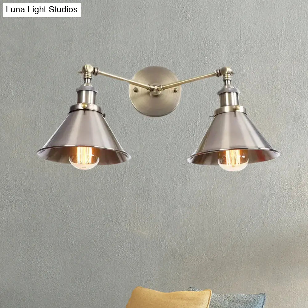 Industrial Vintage 2-Head Farmhouse Wall Mount Light In Black/Brass - Tapered Shade Iron Fixture