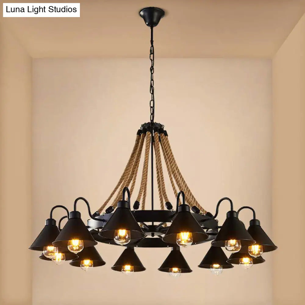 Vintage Industrial Chandelier: Large Rope & Cone Metal Shade Pendant Light For Coffee Shops