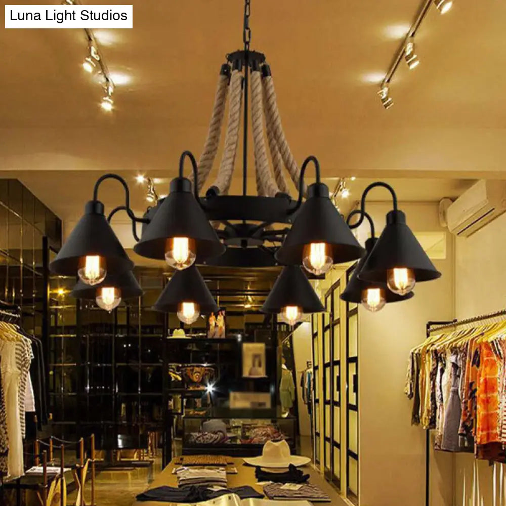 Vintage Industrial Chandelier: Large Rope & Cone Metal Shade Pendant Light For Coffee Shops