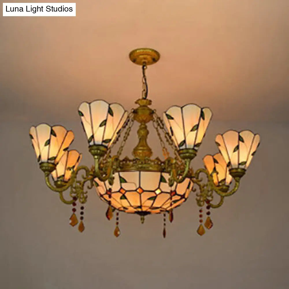 Vintage Stained Glass Chandelier With Leaf Pattern - 9-Light Industrial Hanging Light In Beige