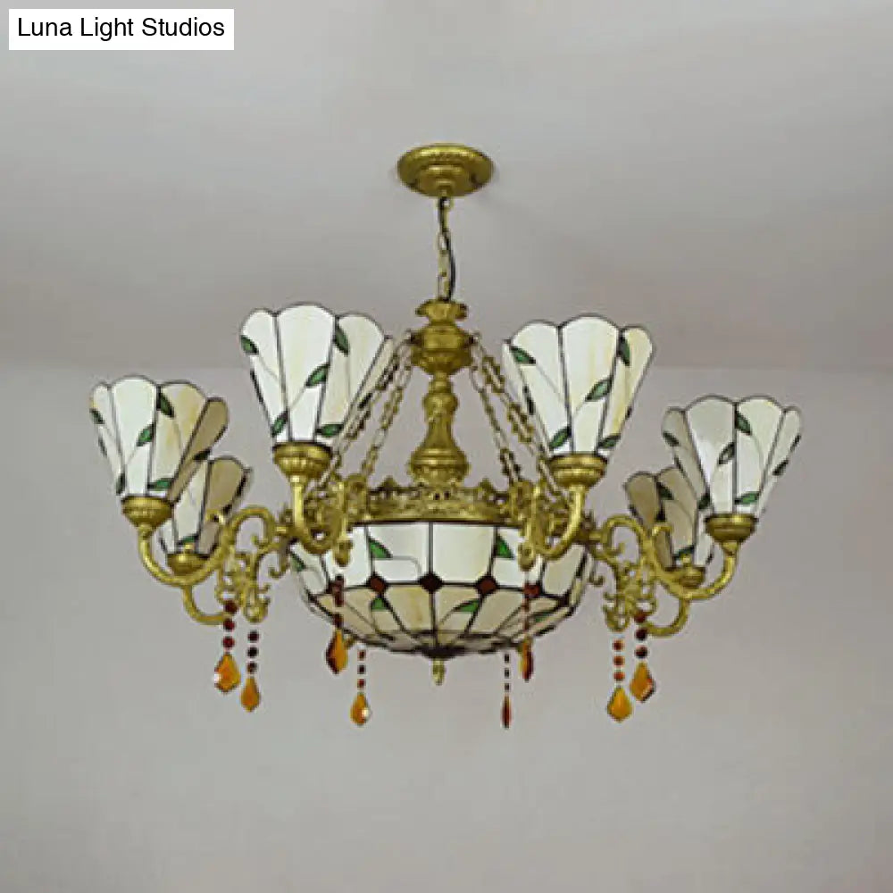 Vintage Stained Glass Chandelier With Leaf Pattern - 9-Light Industrial Hanging Light In Beige