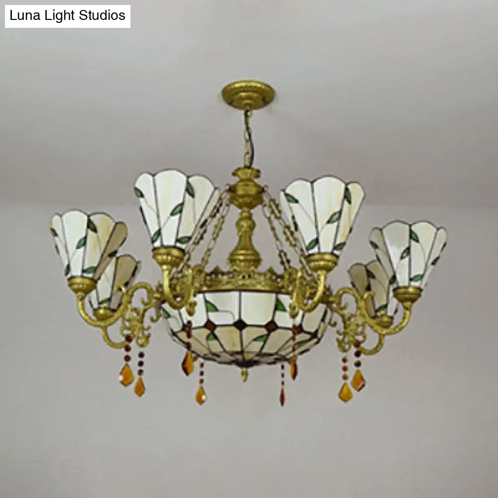 Industrial Vintage Stained Glass Chandelier - 9-Light Hanging Light With Leaf Pattern In Beige