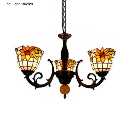 Vintage Industrial Stained Glass Chandelier Light - Sunflower Inverted Design 3 Lights