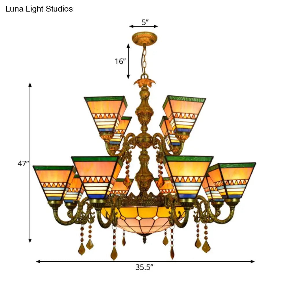 Industrial Vintage Stained Glass Pyramid Chandelier - 12 Arms With Center Bowl