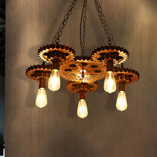 Industrial Wagon Wheel Pendant Lamp - Metal Rust Finish | 5-Light Chandelier With Chain