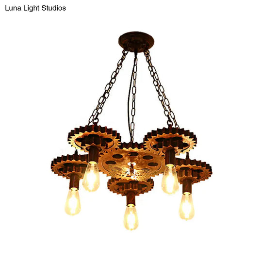 Industrial Wagon Wheel 5-Light Pendant Lamp With Chain - Metal Rust Chandelier