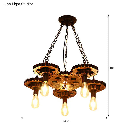 Industrial Wagon Wheel Pendant Lamp - Metal Rust Finish | 5-Light Chandelier With Chain