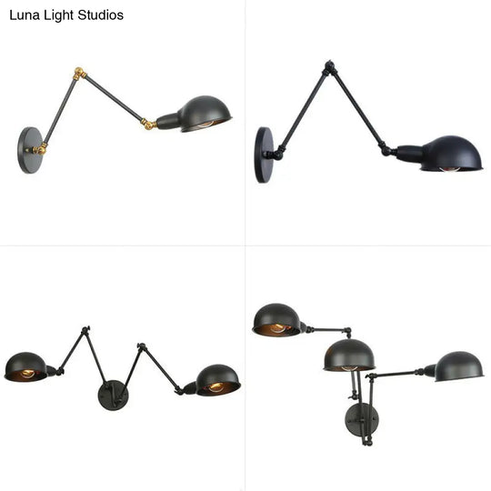 Industrial Wall Lamp Kit With Swing Arm And Dome Shade - Single-Bulb Iron Mount Fixture In Black