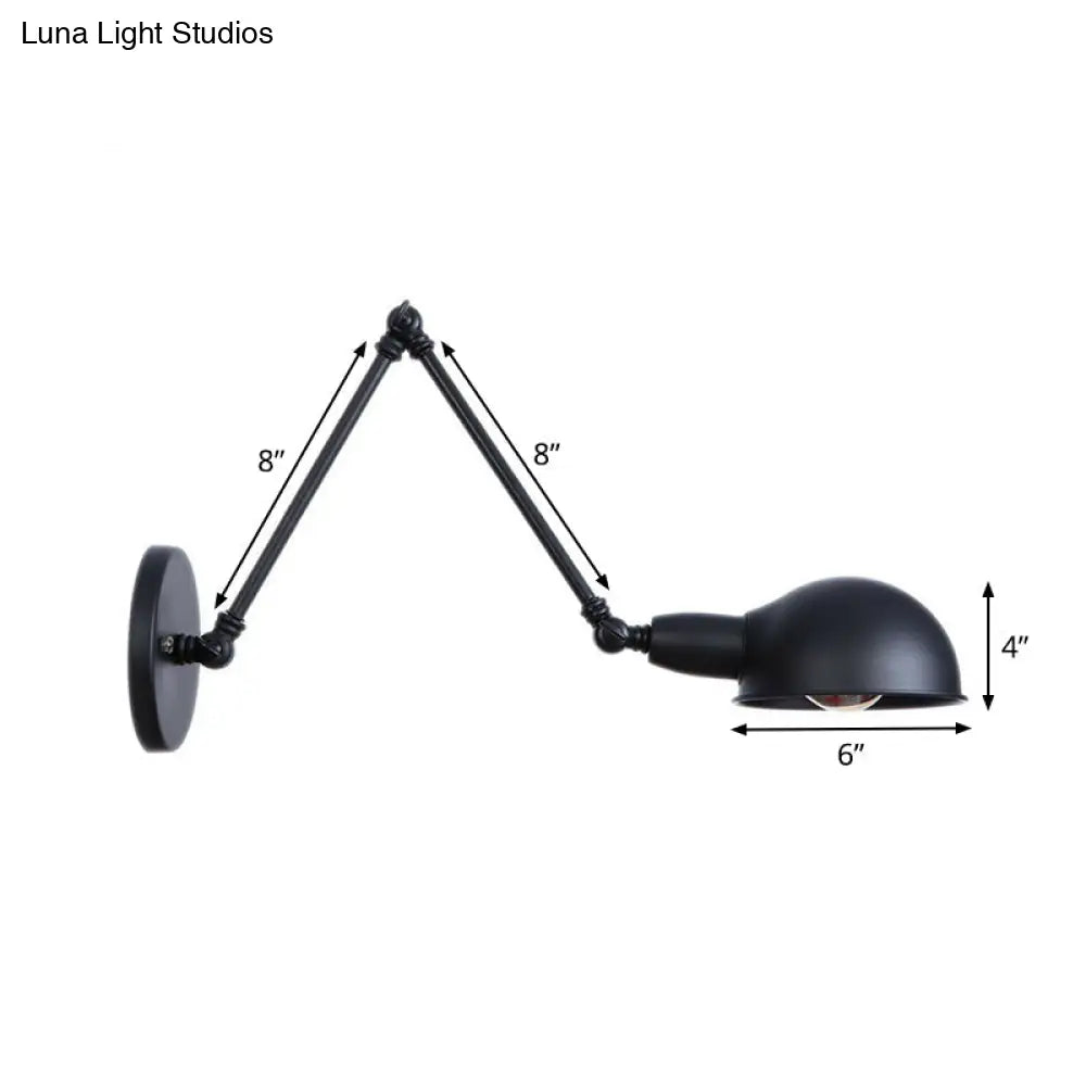 Industrial Wall Lamp Kit With Swing Arm And Dome Shade - Single-Bulb Iron Mount Fixture In Black