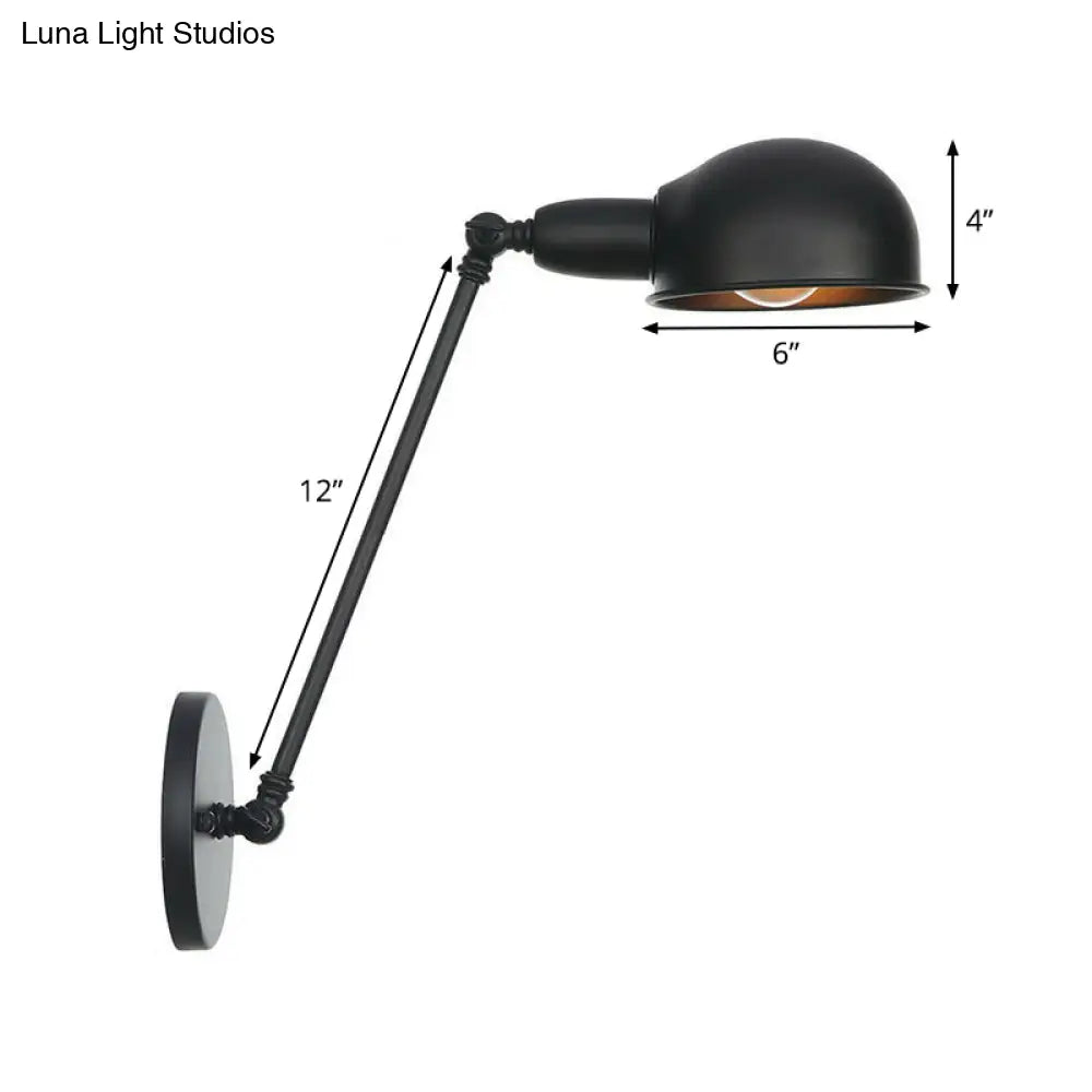 Industrial Wall Lamp Kit With Swing Arm And Dome Shade - Single-Bulb Iron Mount Fixture In Black