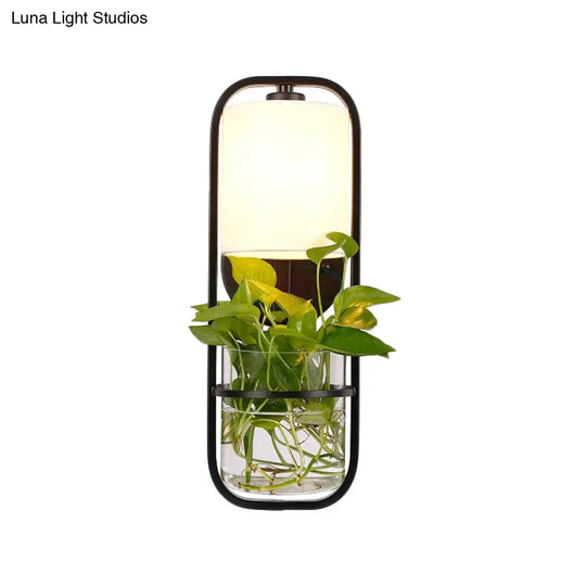 Industrial Wall Lamp With Cage Black Fabric Shade And Plant Container