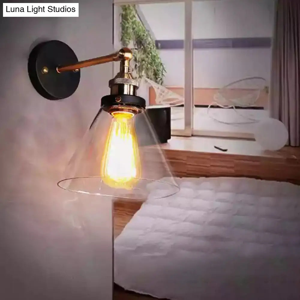 Industrial Wall Lamp With Swivel Glass Shade - Brass-Black Finish For Kitchen And More