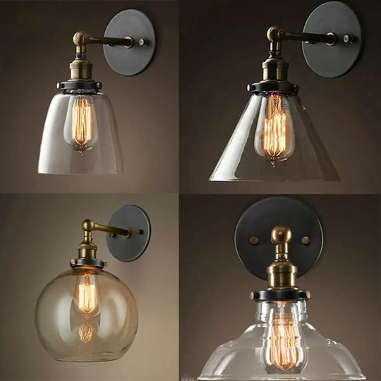 Industrial Wall Lamp With Swivel Glass Shade - Brass-Black Finish For Kitchen And More Clear / Barn