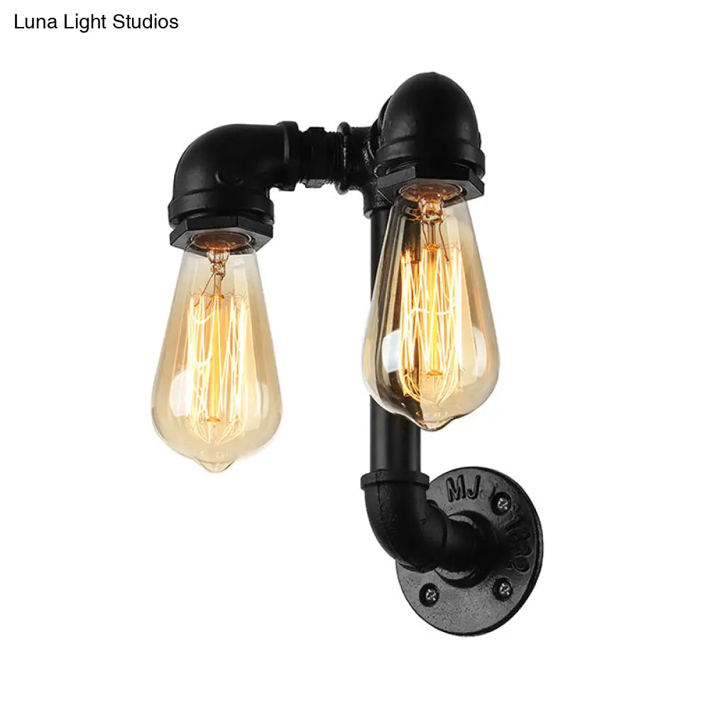 Industrial Wall Mounted Lamp With 2 Open Bulbs And Pipe Design In Bronze/Black For Bathroom