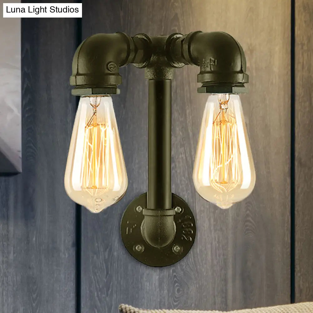 Industrial Wall Mounted Lamp With 2 Open Bulbs And Pipe Design In Bronze/Black For Bathroom