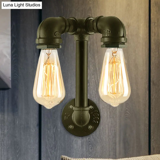 Industrial Wall Mounted Lamp With 2 Open Bulbs And Pipe Design In Bronze/Black For Bathroom