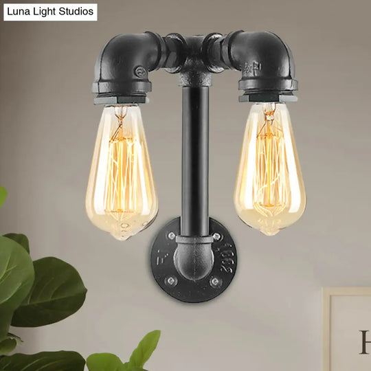 Industrial Wall Mounted Lamp With 2 Open Bulbs And Pipe Design In Bronze/Black For Bathroom