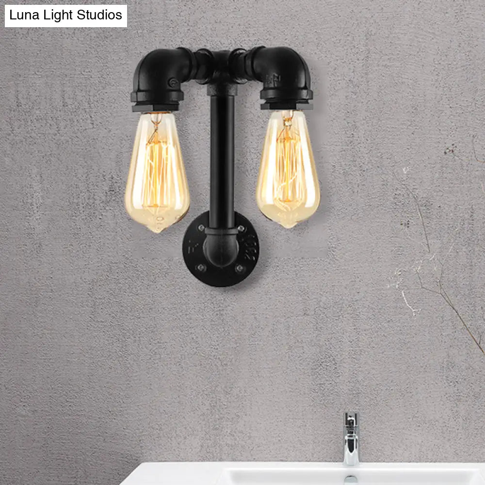 Industrial Wall Mounted Lamp With 2 Open Bulbs And Pipe Design In Bronze/Black For Bathroom