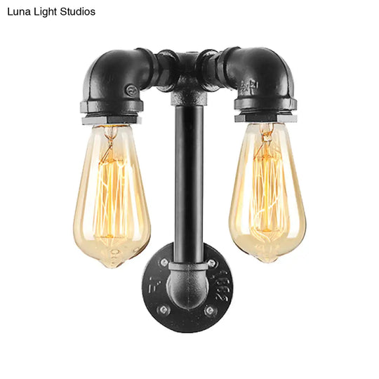 Industrial Wall Mounted Lamp With 2 Open Bulbs And Pipe Design In Bronze/Black For Bathroom