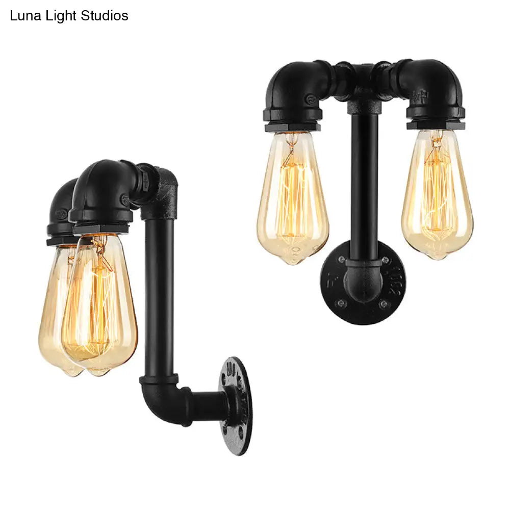 Industrial Wall Mounted Lamp With 2 Open Bulbs And Pipe Design In Bronze/Black For Bathroom