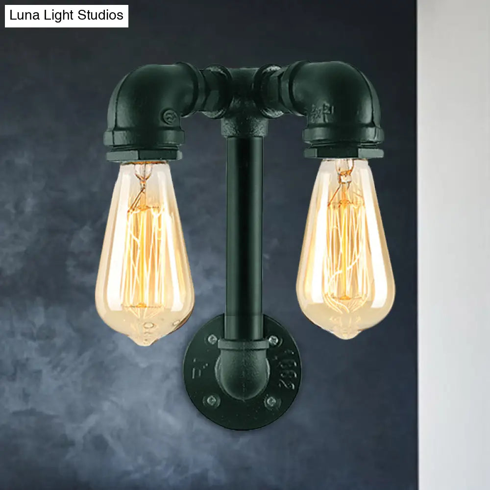 Industrial Wall Mounted Lamp With 2 Open Bulbs And Pipe Design In Bronze/Black For Bathroom