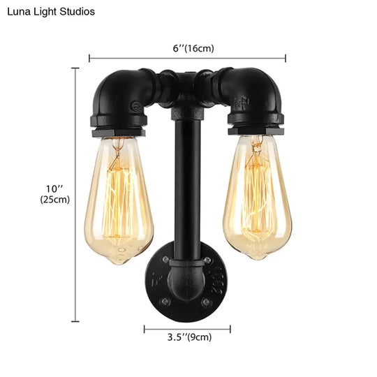 Industrial Wall Mounted Lamp With 2 Open Bulbs And Pipe Design In Bronze/Black For Bathroom