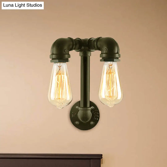 Industrial Wall Mounted Lamp With 2 Open Bulbs And Pipe Design In Bronze/Black For Bathroom