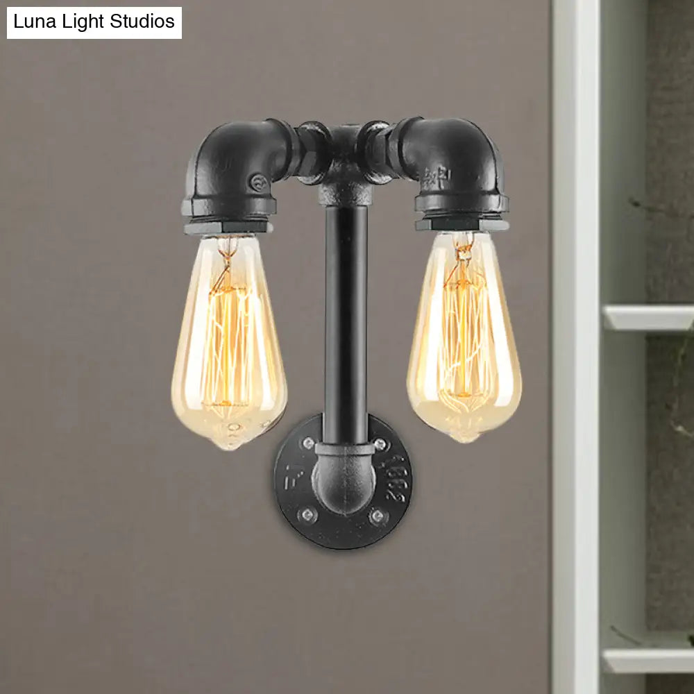 Industrial Wall Mounted Lamp With 2 Open Bulbs And Pipe Design In Bronze/Black For Bathroom