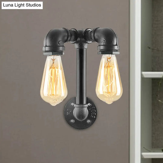 Industrial Wall Mounted Lamp With 2 Open Bulbs And Pipe Design In Bronze/Black For Bathroom