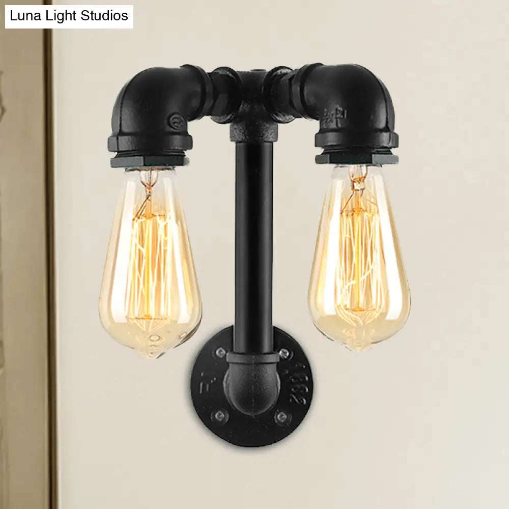 Industrial Wall Mounted Lamp With 2 Open Bulbs And Pipe Design In Bronze/Black For Bathroom