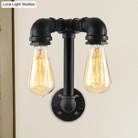 Industrial Wall Mounted Lamp With 2 Open Bulbs And Pipe Design In Bronze/Black For Bathroom