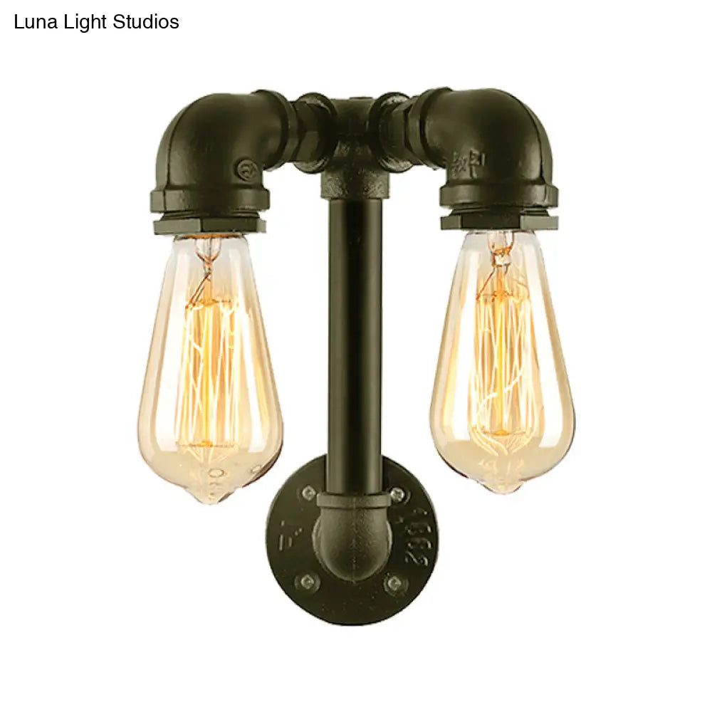 Industrial Wall Mounted Lamp With 2 Open Bulbs And Pipe Design In Bronze/Black For Bathroom